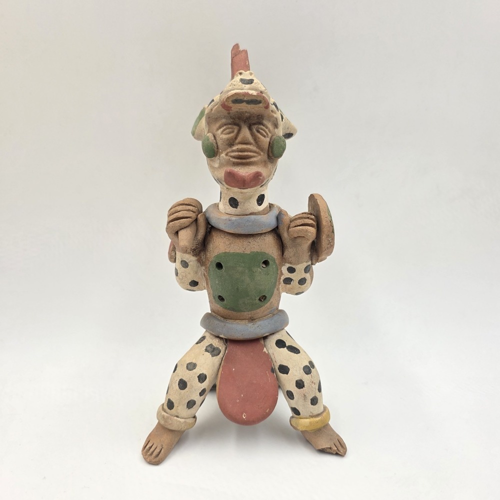 VTG Mexican Folk Art Clay Warrior Whistle Hand Painted‎ Aztec Mayan Figure